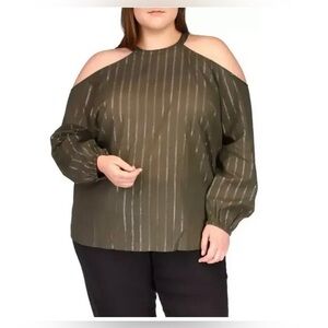 MICHAEL KORS METALLIC COLD SHOULDER TOP | COTTON METALLIC | GREEN | NWT